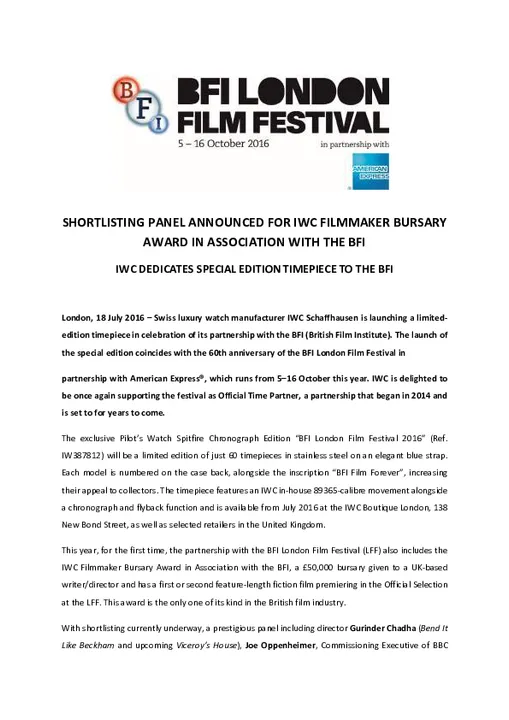 Shortlisting Panel Announced for IWC Filmmaker Bursary Award in Association With the BFI