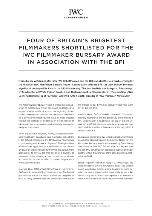 Four of Britain's Brightest Filmmaker's shortlisted  for the IWC Filmmaker Bursary Award in Association with BFI