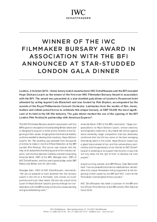 Winner Of The IWC Filmmaker Bursary Award In Association With The BFI Announced At Star-Studded London Gala Dinner