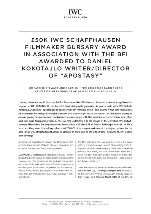 £50K IWC Filmmaker Bursary Award In Association With BFI Awarded To Daniel Kokotajlo, Writer/Director Of Apostasy